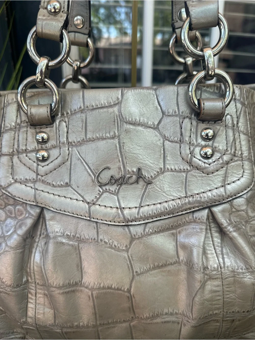 Coach Metallic Croc-Embossed Tote Bag - Silver